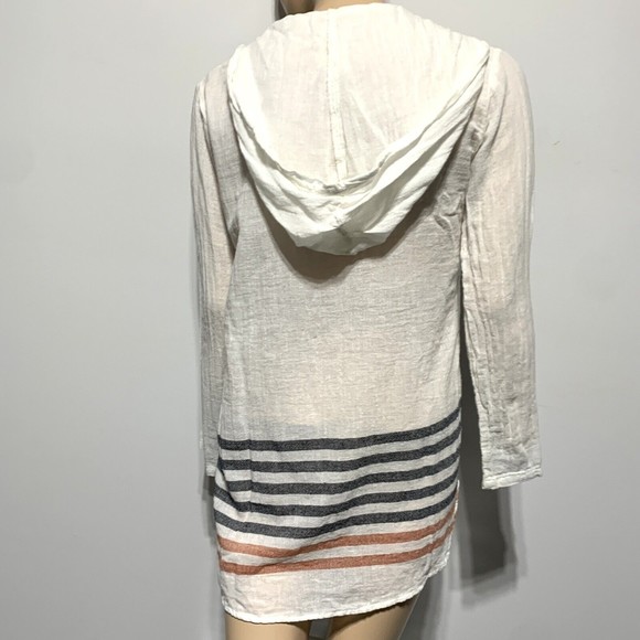 Billabong Tunic Hooded Lace Up Gauze Top Long Sleeve Cream Stripe Size M Medium - Picture 4 of 8